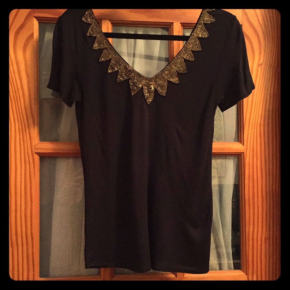 Gryphon Black Tshirt with Gold Sequin/Bead Trim
